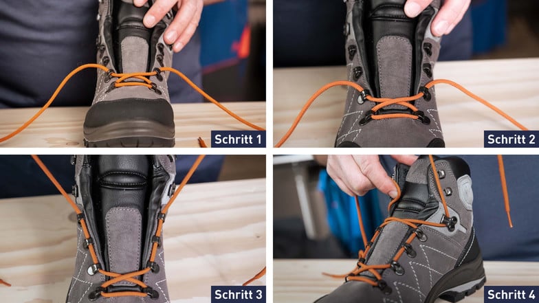 Schritt für Schritt-Anleitung der Parallelschnürung von Wanderschuhen, um Druckstellen zu vermeiden (Schritt 1–4).