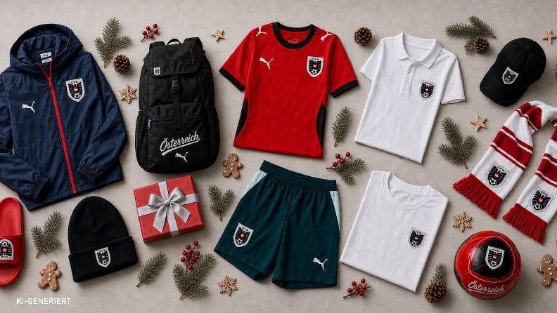 Weihnachtlich dekorierte Österreich-Fanartikel mit Fußballbekleidung, Rucksack, Schal, Ball und Geschenkpaket