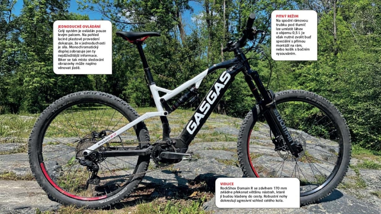 GASGAS G Enduro 2.0 připravený na testovací jízdu v terénu – plně odpružené elektrokolo s robustní vidlicí a výrazným logem GASGAS, postavené na kamenné stezce u lesa.