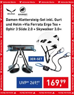 Damen-Klettersteig-Set von Salewa & Mammut: Ergo Tex, Klettergurt Ophir und Helm Skywalker im 3er-Set reduziert.