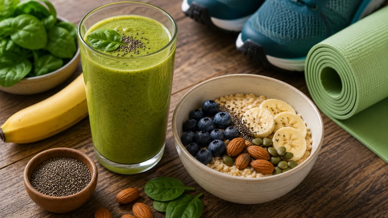 Haferflocken mit Banane, Heidelbeeren, Mandeln und Chiasamen neben Laufschuhen und Yogamatte – ausgewogenes veganes Frühstück für einen aktiven Start in den Tag.