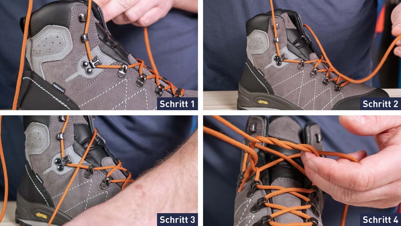 Schritt für Schritt-Anleitung der Flaschenzugschnürung von Wanderschuhen, um Druckstellen zu vermeiden (Schritt 1–4).