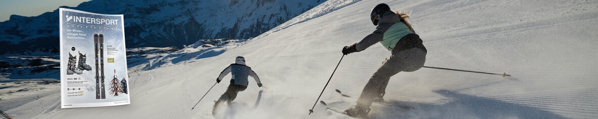 Titelseite des INTERSPORT Flugblatts – gültig von 3. bis 13. Dezember 2025. Im Hintergrund zwei Skifahrer bei der Abfahrt auf einer traumhaften Piste.