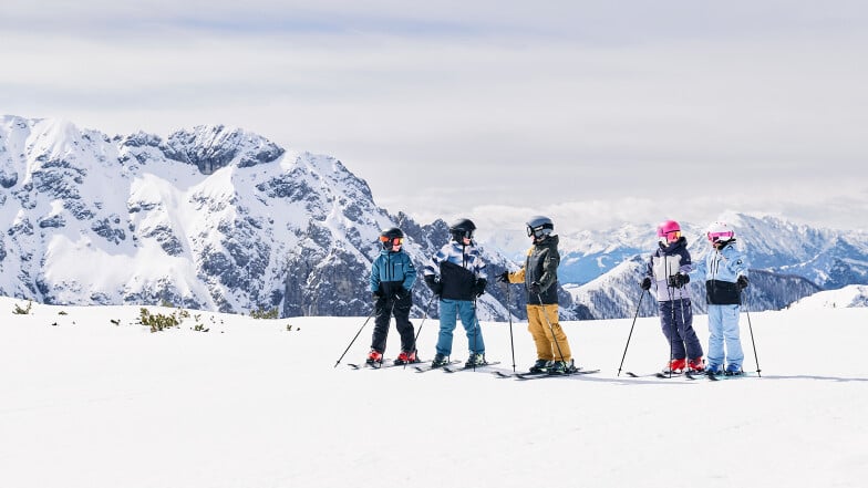Fünf Kinder stehen auf Skiern in einer verschneiten Berglandschaft mit einer verschneiten Bergkette im Auftrag.