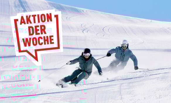 Zwei Skifahrer auf einer Piste mit dem Text 'Aktion der Woche'.