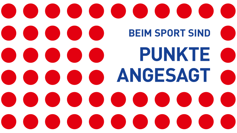 Blauer Text "Beim Sport sind Punkte angesagt", umgeben von einem Raster roter Punkte.