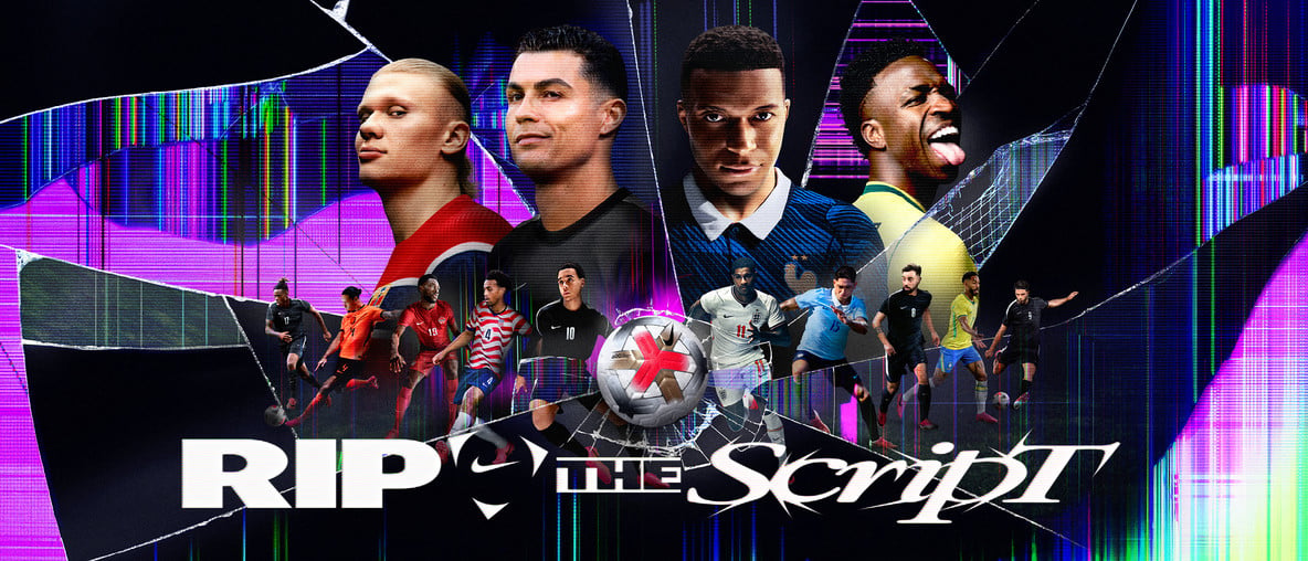 Nike Kampagne RIP the Script mit Fußballstars wie Ronaldo, Mbappé und Haaland vor zersplittertem Glitch-Hintergrund