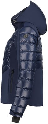 Dunkelblaue Daunenjacke mit gesteppten Einsätzen und Kapuze. Dunkelblaue Daunenjacke mit gesteppten Einsätzen und Kapuze.