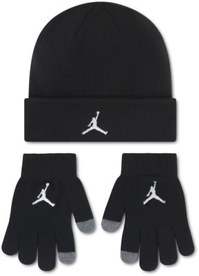 Schwarze Jordan Mütze und Handschuhe mit Jumpman-Logo. Schwarze Jordan Mütze und Handschuhe mit Jumpman-Logo.