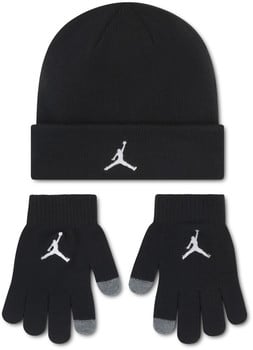 Schwarze Jordan Mütze und Handschuhe mit Jumpman-Logo.