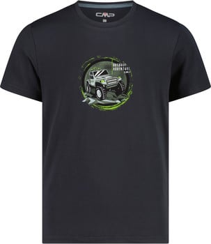 Schwarzes T-Shirt mit Aufdruck eines Geländewagens und Schriftzug Outdoor Adventure.