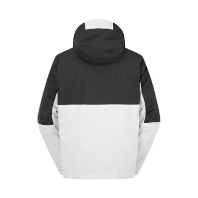 Rückansicht einer schwarz-weißen Kapuzenjacke, die horizontal geteilt ist. Rückansicht einer schwarz-weißen Kapuzenjacke, die horizontal geteilt ist.