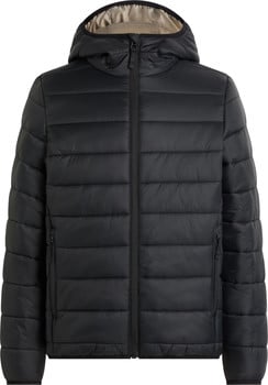 Schwarze gesteppte Kapuzenjacke mit Reißverschluss.