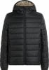 Schwarze gesteppte Kapuzenjacke mit Reißverschluss.
