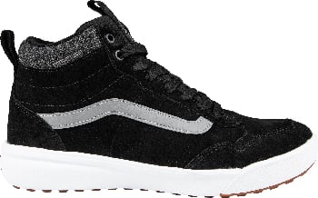Černá kotníková bota Vans s bílou podrážkou a šedým pruhem.