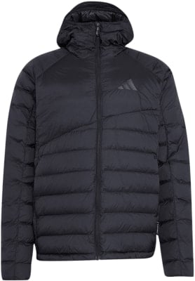 Schwarze Daunenjacke mit Kapuze und Adidas-Logo auf der Brust. Schwarze Daunenjacke mit Kapuze und Adidas-Logo auf der Brust.