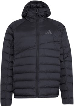 Schwarze Daunenjacke mit Kapuze und Adidas-Logo auf der Brust.