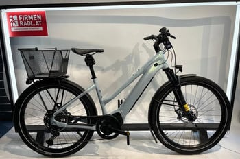 Hellgraues E-Bike mit Korb und Schutzblechen auf einem Ständer.