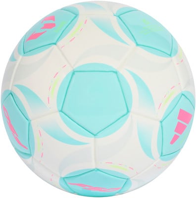 Ein Adidas Fußball mit pastellfarbenen Mustern und dem Messi-Logo. Ein Adidas Fußball mit pastellfarbenen Mustern und dem Messi-Logo.