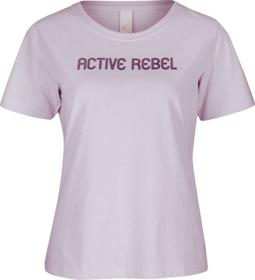 Damen-T-Shirt in Lila mit Aufdruck ACTIVE REBEL auf der Brust.