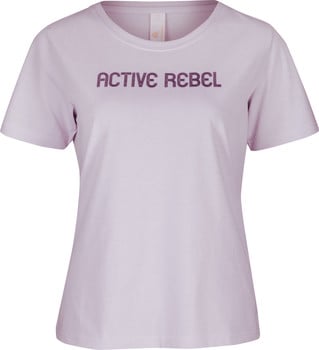 Damen-T-Shirt in Lila mit Aufdruck ACTIVE REBEL auf der Brust.