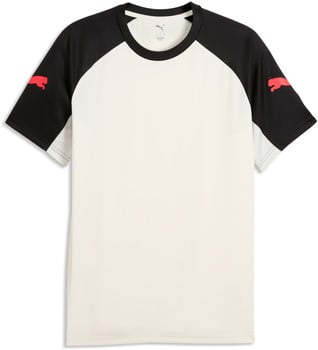 Weißes T-Shirt mit schwarzen Ärmeln und rotem Puma-Logo.