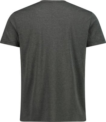Rückseite eines dunkelgrauen Herren-T-Shirts mit kurzen Ärmeln. Rückseite eines dunkelgrauen Herren-T-Shirts mit kurzen Ärmeln.