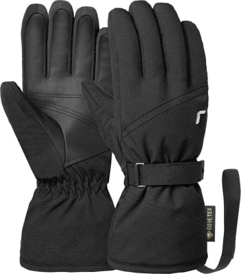 Schwarze wasserdichte Handschuhe mit Handgelenkband und Gore-Tex-Logo. Schwarze wasserdichte Handschuhe mit Handgelenkband und Gore-Tex-Logo.