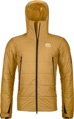 Goldene Daunenjacke mit Kapuze und schwarzem Reißverschluss vorne. Goldene Daunenjacke mit Kapuze und schwarzem Reißverschluss vorne.