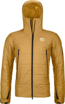 Goldene Daunenjacke mit Kapuze und schwarzem Reißverschluss vorne.