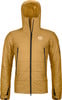 Goldene Daunenjacke mit Kapuze und schwarzem Reißverschluss vorne.