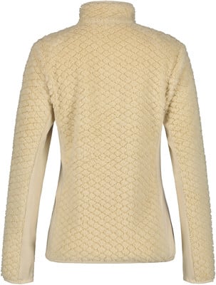 Rückansicht einer cremefarbenen Fleecejacke mit texturiertem Muster und glatten Seitenpartien.