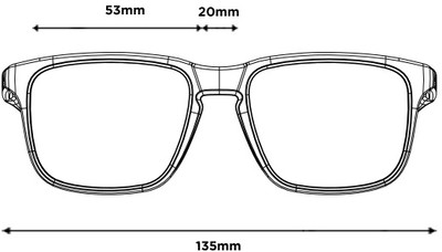 Nákres okuliarov s rozmermi 53 mm, 20 mm a 135 mm.