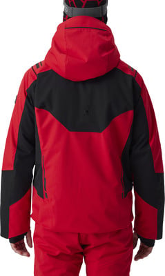 Rückansicht einer rot-schwarzen Skijacke und Hose.