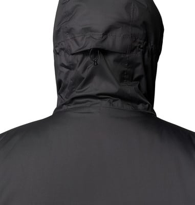 Rückansicht einer schwarzen Kapuzenjacke mit Kordelzug. Rückansicht einer schwarzen Kapuzenjacke mit Kordelzug.