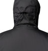 Rückansicht einer schwarzen Kapuzenjacke mit Kordelzug.