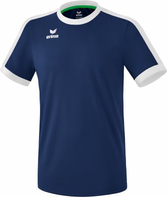 Dunkelblaues T-Shirt mit weißen Ärmelstreifen und grünem Kragen. Dunkelblaues T-Shirt mit weißen Ärmelstreifen und grünem Kragen.