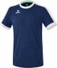 Dunkelblaues T-Shirt mit weißen Ärmelstreifen und grünem Kragen.