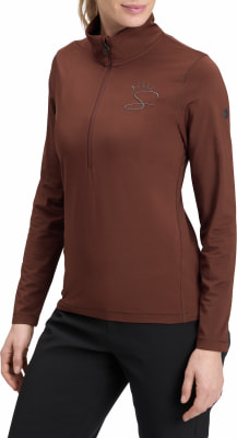 Damen-Langarmshirt in Braun mit Reißverschluss am Kragen. Damen-Langarmshirt in Braun mit Reißverschluss am Kragen.
