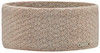 Ein beiger Strickstirnband mit feinem Muster und Markenlogo.