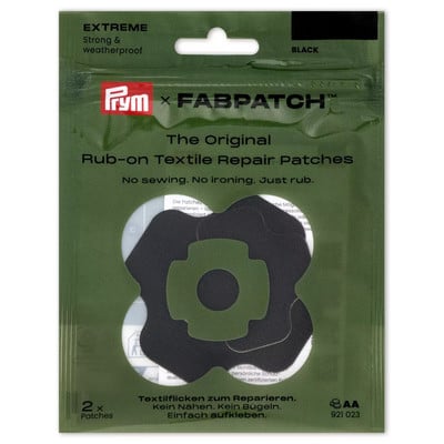 Verpackung von schwarzen Prym x Fabpatch Textilflicken für einfache Kleidungsreparaturen.