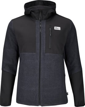 Schwarze Herrenjacke mit Kapuze und Logo, geeignet für Outdoor-Aktivitäten.