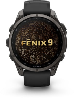 Eine Garmin Fenix 9 Smartwatch mit topografischem Zifferblatt. Eine Garmin Fenix 9 Smartwatch mit topografischem Zifferblatt.