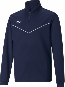 Dunkelblaue Herrenjacke von Puma mit weißem Logo und Streifen.