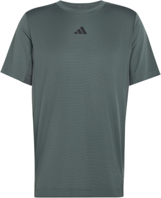 Graues Herren-T-Shirt von Adidas mit Logo auf der Brust und feinem Streifenmuster.