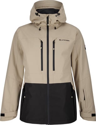 Beige Jacke mit schwarzem unteren Teil und Kapuze, geeignet für aktive Outdoor-Aktivitäten. Beige Jacke mit schwarzem unteren Teil und Kapuze, geeignet für aktive Outdoor-Aktivitäten.