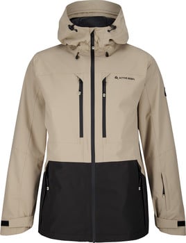 Beige Jacke mit schwarzem unteren Teil und Kapuze, geeignet für aktive Outdoor-Aktivitäten.