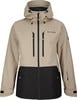 Beige Jacke mit schwarzem unteren Teil und Kapuze, geeignet für aktive Outdoor-Aktivitäten.