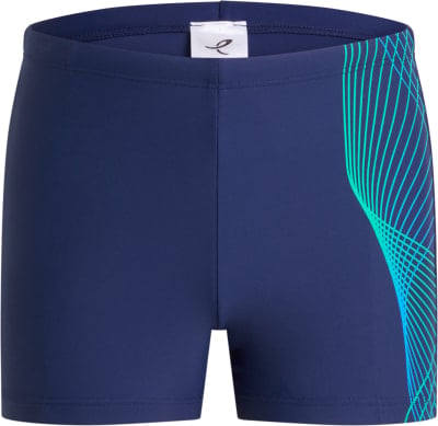 Dunkelblaue Kinderbadehose mit blau-grünem Muster an der Seite. Dunkelblaue Kinderbadehose mit blau-grünem Muster an der Seite.