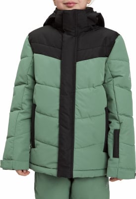 Grüne Daunenjacke mit schwarzen Details und Kapuze für Kinder. Grüne Daunenjacke mit schwarzen Details und Kapuze für Kinder.